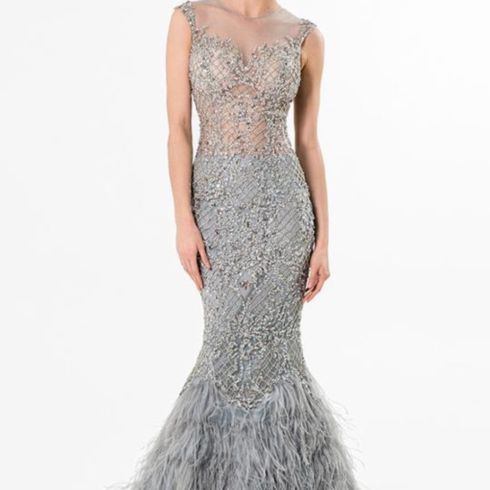 Terani Couture beaded feather gown
